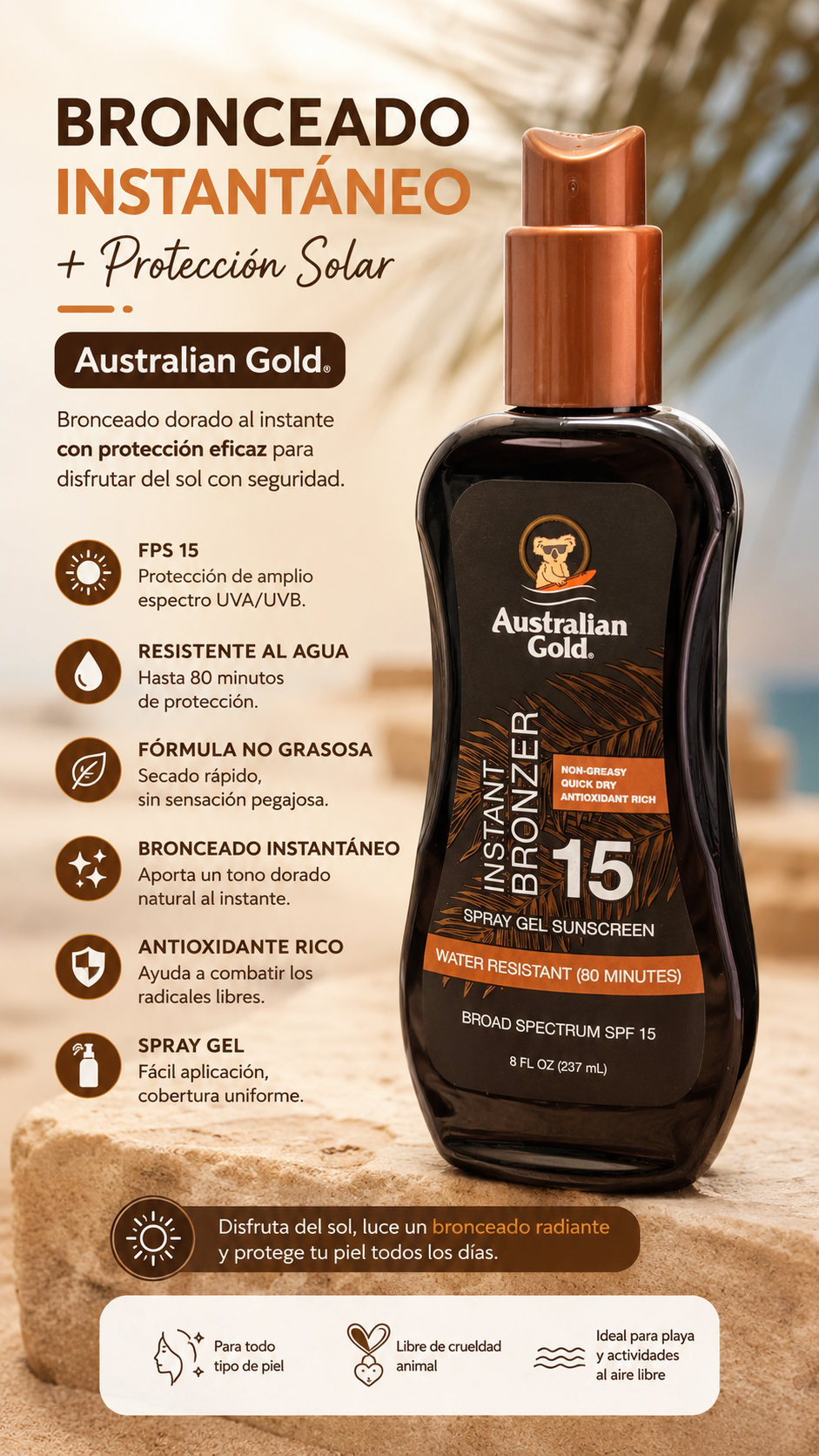 AUSTRALIAN GOLD INSTANT BRONZER SPF 15 SPRAY SUNSCREEN