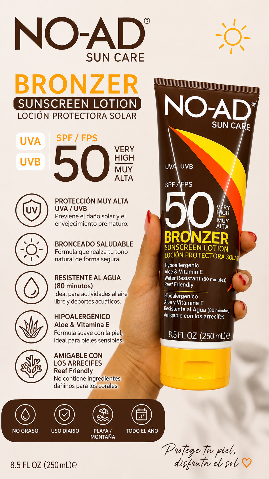 NO-AD Bronzer Sunscreen Lotion SPF 50 – 250 mL